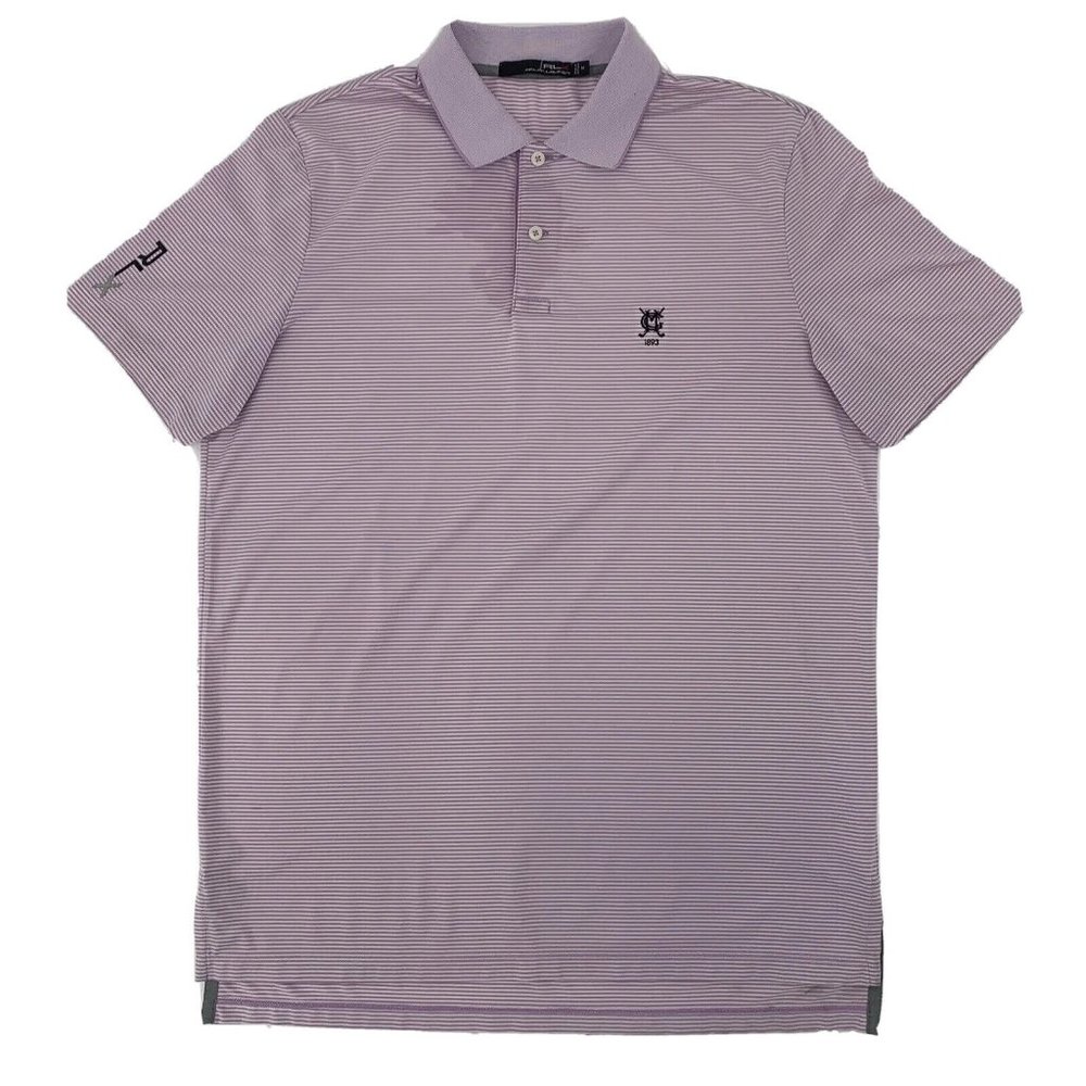 Men RLX Ralph Lauren Short Sleeve Polo Shirt Purple Stripe M Montclair Golf Club